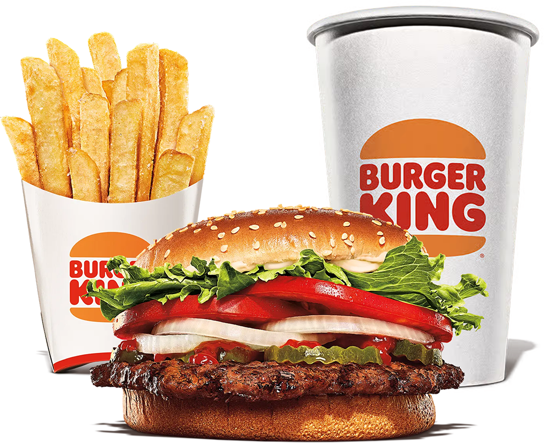 Burger King meal with burger, fries, and drink